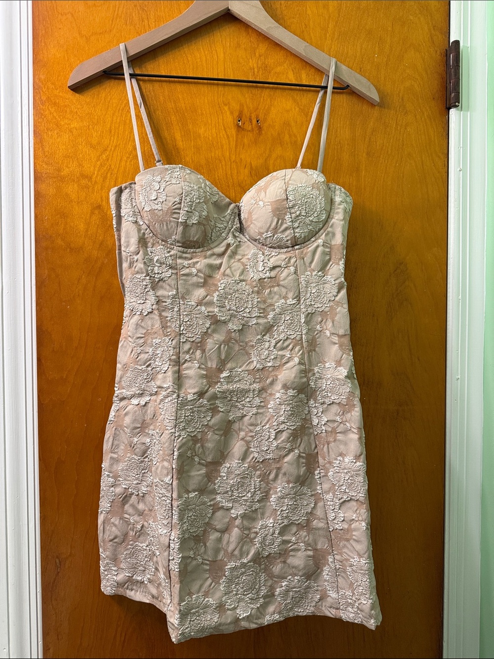 Spaghetti strap Embroidered Bustier Mini Dress in in Neutral Taupe